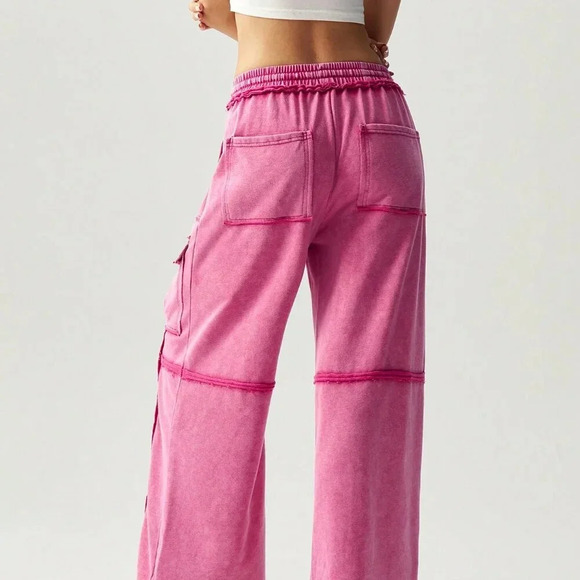 Hot Pink Casual Women's Vacation Knit Pocket Wide Leg Pants - Picture 4 of 8